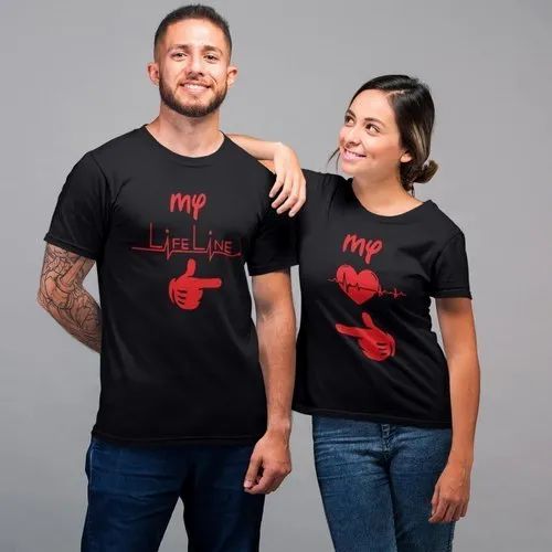 Round Black Couple T Shirts, Printed