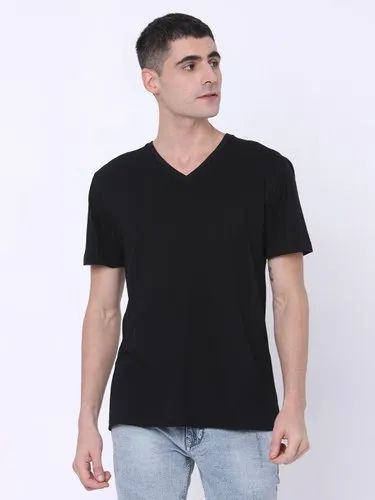 Half Sleeve Black Men'S V Neck TShirt, Size: XS-XXL