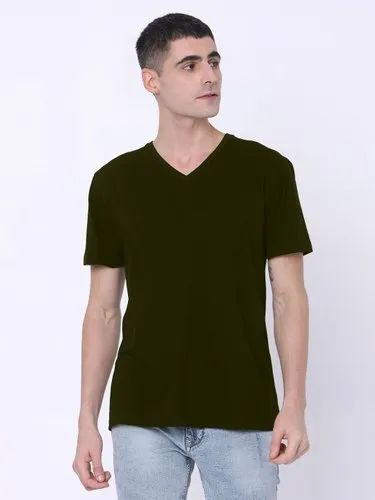 Half Sleeve Olive Green Men V Neck TShirts Cotton, Size: XS-XXL