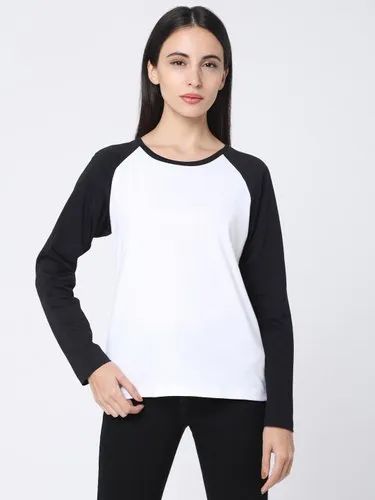 Casual Wear Women Raglan Sleeve T-shirt (Black White)