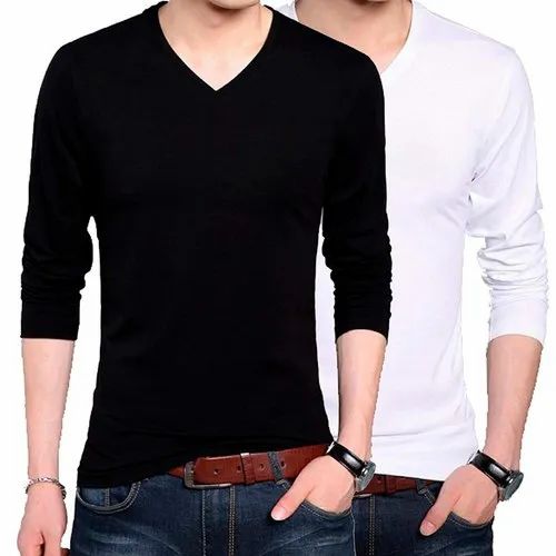Plain Cotton Men's Full Sleeves V-Neck T-Shirt
