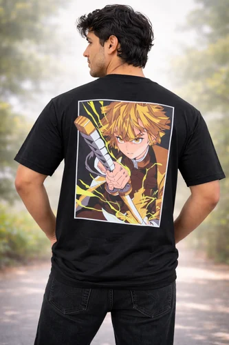 Round Neck Men Anime Graphic Printed T-Shirt 240 GSM Cotton Black