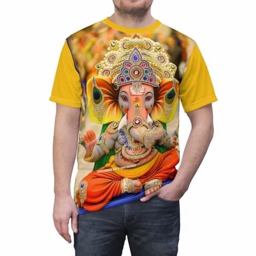 Printed Yellow Ganesh ji full digital tshirt, Round Neck
