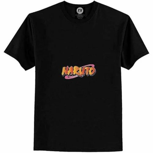 Black Men Digital Printed Cotton T Shirt, Round Neck
