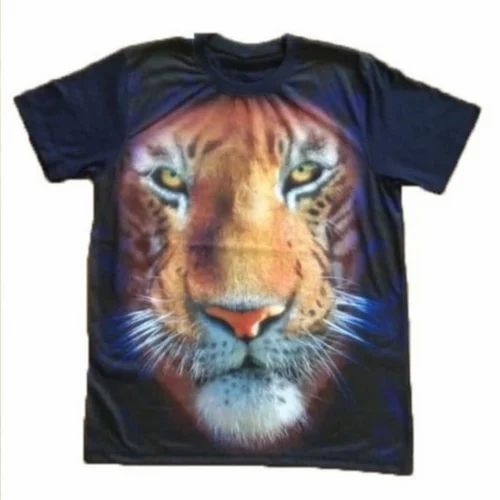 Black Poly Cotton Digital print T-shirt, Round Neck