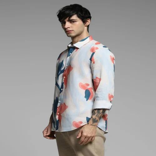 Full Sleeve Mens Linen Blend Flower Printed Shirt