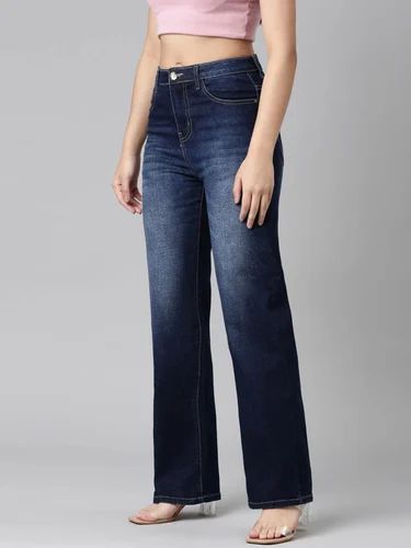 Solid Denim Cotton Ladies Washed Blue Jeans, Regular Fit