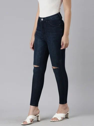 Cotton Ladies Navy Blue Jeans, 32, Slim Fit