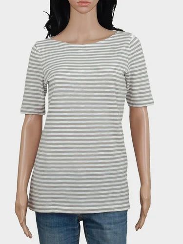 Half Sleeve Ladies Striped Boat Neck T-Shirt, Size: Large