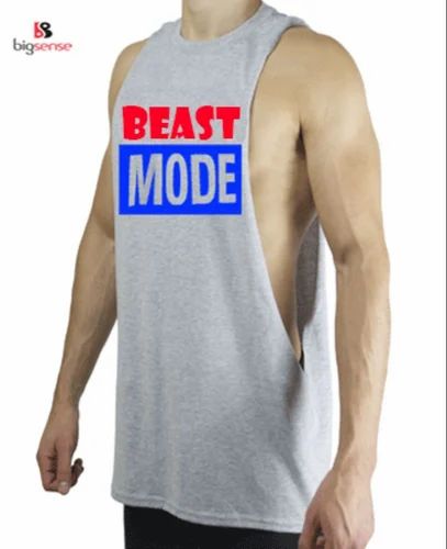 Polyester Men Gray Dri- Fit Gym Tank Top, Round Neck