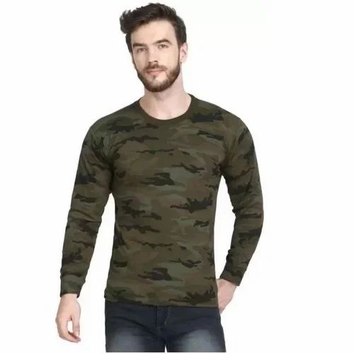 Full Sleeves Cotton Military Camouflage Men Round Neck Green T-Shirt