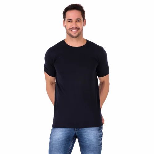 Round Neck Plain Navy Blue Men Half Sleeves T Shirt, Large
