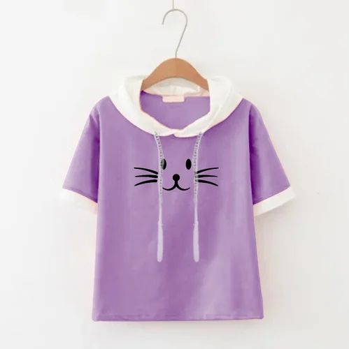 Half Sleeve Cotton Kawaii Kitty Lavender Hoodie T-shirt, Hooded Collar