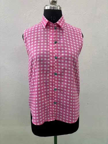 Checks Pink Ladies Cotton Half Sleeveless Shirt