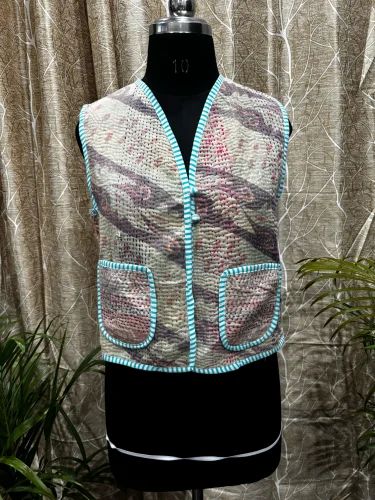 Grey Cotton Men Casual Printed Kantha Waistcoat