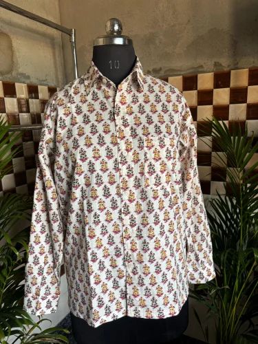 Men White Floral Printed Cotton Shirt