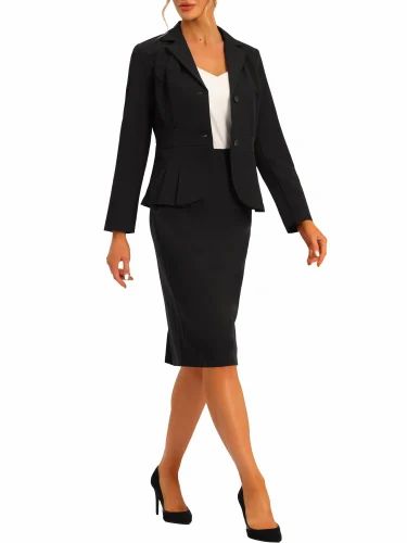 Linen Plain Women Black Skirt Suit