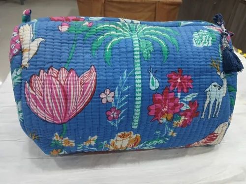 Blue Cotton Printed Cosmetic Bag