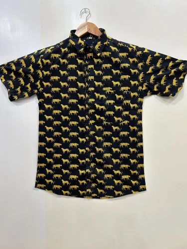 Leapord Print Half Sleeves Men Cotton shirt, Hand Block Print Cotton Black Safari Shirt