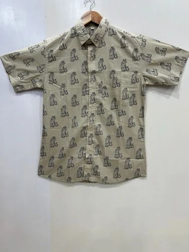 Mens Tiger Hand Print Cotton Shirts, Half sleeves Animal Printed Safari Shirt