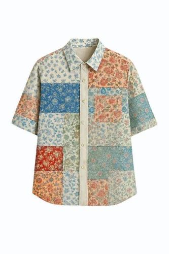 Printed Cotton Patchwork Half Sleeves Shirt, Casual Wear