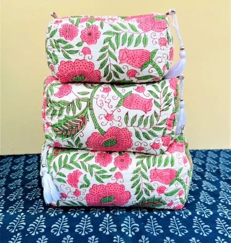 Quilted Makeup Bag Hand Block Printed Cosmetic Toiletry Bag 3 pc set