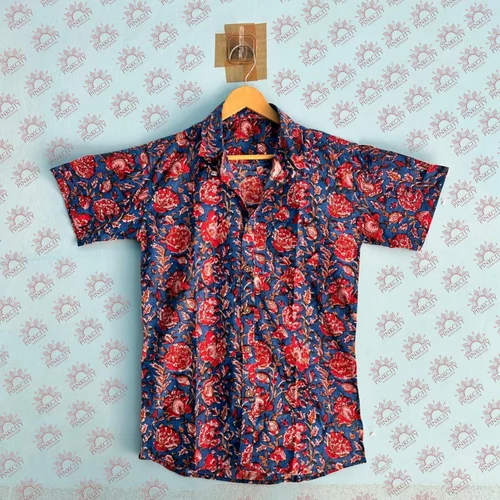 Printed Custom Men's 100% Cotton Floral Print Beach Short Sleeve Shirt, Casual Wear
