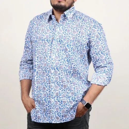 Full Sleeve Shree Ganesh Jaal Hand Block Printed Shirt, Cotton
