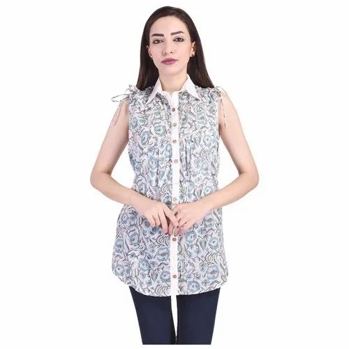 Block Printed Sleeveless Ladies Shirt, 100% Cotton