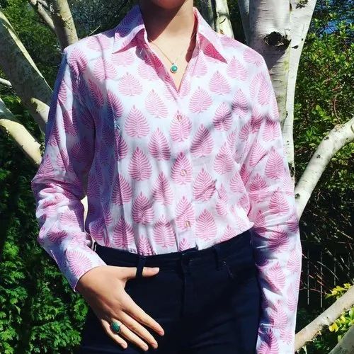 Printed Pink Jaipur Cotton Hand Made Block Print Women Shirt, Casual