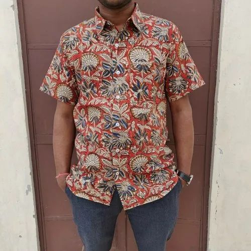 Blue Kalamkari Hand Block Printed Cotton Men Shirt, Size: Adult