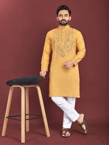 SOFT SILK YELLOW COLOR HALDI FUNCTION WEAR KURTA PYJAMA SET FOR MEN