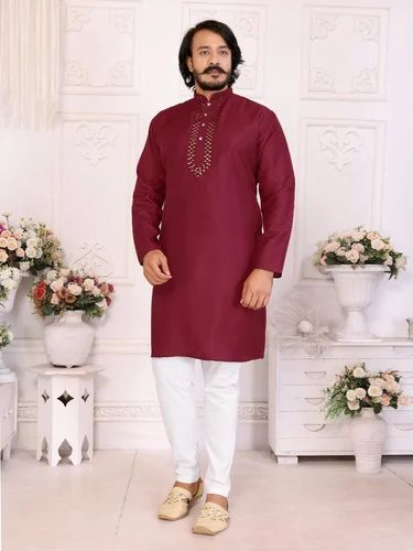 Beautiful Embroidery Neck Soft Silk Fabric Full Sleeve Pattern Men Wear Cloth From Surat