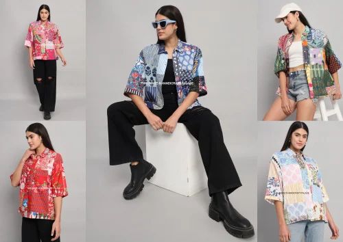Casual cotton printed patchwork shirts free size upcycled shirts