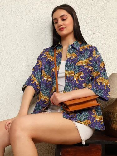 Casual Trendy Women's oversized Printed Shirts 3/4th sleeves Spread Collar, Cotton