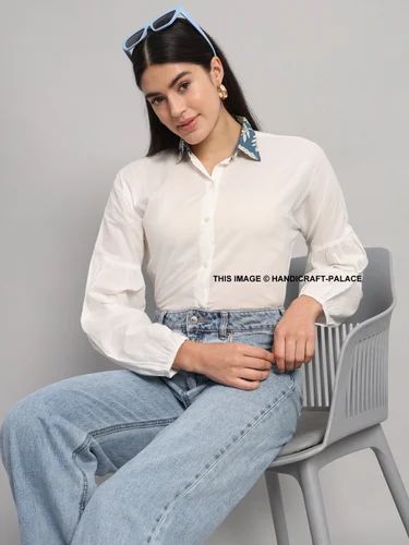 Women's White Full Sleeves 100% Cotton Solid Plain Shirts With Hand Block Printed Collar