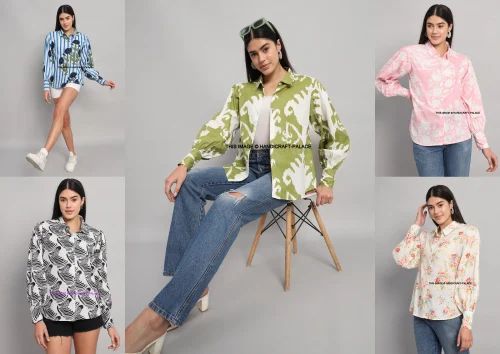 Cotton printed women's shirts full sleeves top oversize shirts puff sleeve blouse