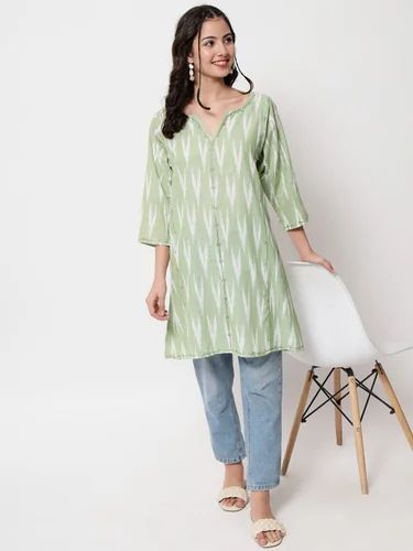 Tea Green Cotton Ikat Print Kurti
