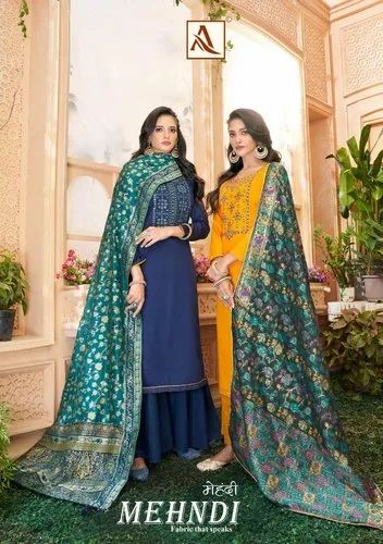 Alok Suit Mehndi Pure Zam With Embroidery Suit, Unstitched