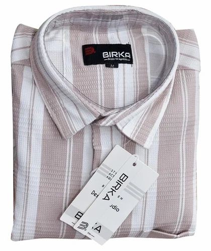 Full Sleeves 2001 Birka Men Cotton Waffle Striped Shirt