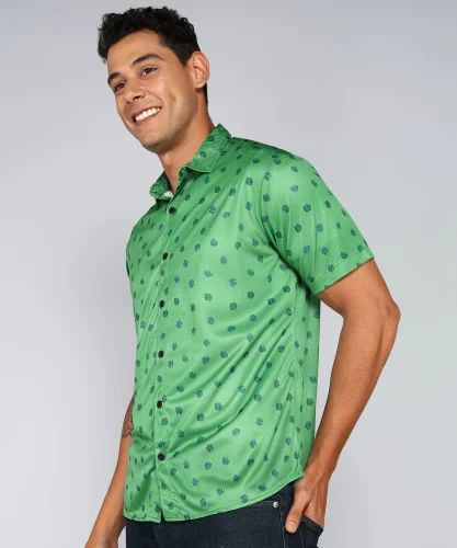 Men Lycra Green Printed Half Sleeve Shirt, Casual