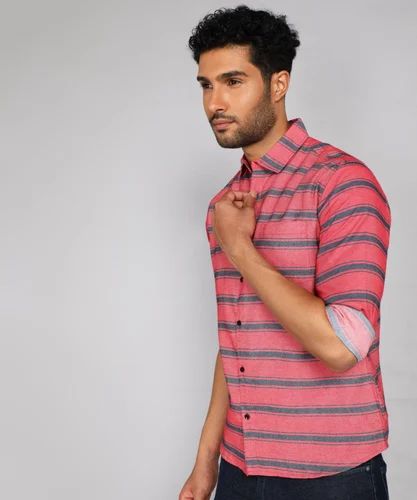 Stripes Men Poly Cotton Pink Striped Shirt, Casual, Full Sleeves