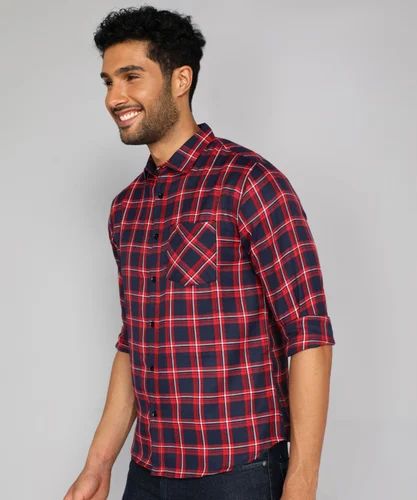 Men Poly Cotton Red Black Check Shirt, Full Sleeves