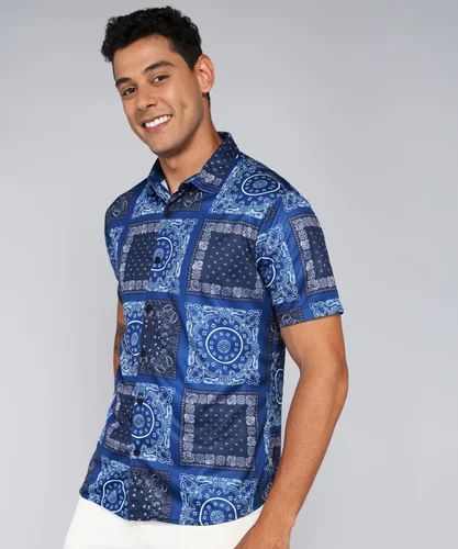 Men Lycra Blue Printed Half Sleeve Shirt, Casual
