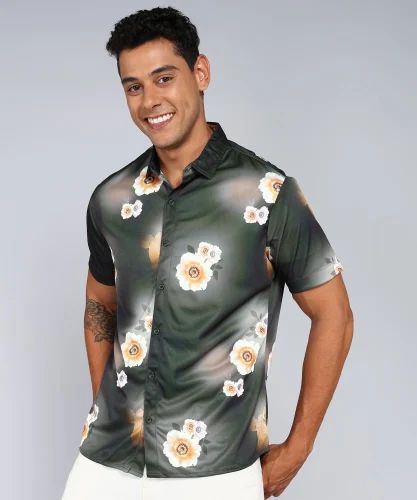Men Lycra Grey Printed Half Sleeve Shirt, Casual