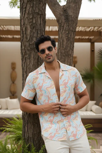 Men's Pastel Abstract Printed Cuban Collar Rayon Shirt (RS-128-S)