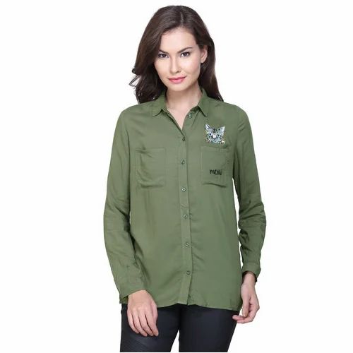 Full Sleeve Cotton Green Surplus Ladies Shirt