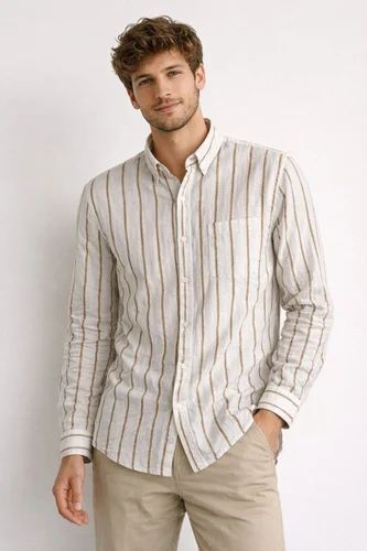 Full Sleeves Off White Men Cotton Stripe Shirt