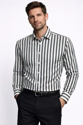 Full Sleeves Crow Black Men Cotton Stripe Shirt