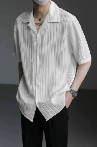 Textured White Fabulous Poly Cotton Sugarcane Men Shirt, Casual Wear, Full Sleeves